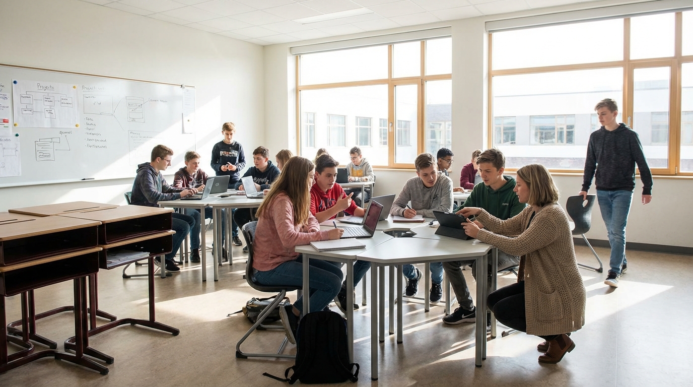 modern secondary classroom transitioning from traditional instruction to active